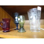 ETCHED GLASS VASES DEPICTING ASSYRIAN FIGURES, HEIGHT 16CM, TOGETHER WITH THREE COLOURED GLASSES