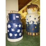 TWO PAINTED VINTAGE MILK CHURNS