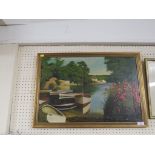 FRAMED OIL ON CANVAS OF BOATS SIGNED ASHTON LOWER RIGHT