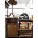 OAK VENEERED BEDSIDE CUPBOARD, OAK BEDSIDE CABINET OF TWO DRAWERS, AND REPRODUCTION WINE TABLE