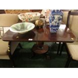 VICTORIAN MAHOGANY FOLD-OVER TEA TABLE ON BALUSTER COLUMN AND PAW FEET