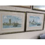 PAIR OF PRINTS OF LONDON LANDMARKS, SIGNED IN PENCIL TO THE MARGIN AND BLIND STAMPS, FRAMED AND