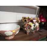 LARGE FLORAL ENCRUSTED CHINA PLANTER A/F, POTTERY FRUIT BOWL, AND COMPONENTS FOR LANTERN