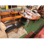 TEAK VENEERED D-END EXTENDING DINING TABLE (FOUR CHAIRS WITH BLACK VINYL SEAT PADS FOR
