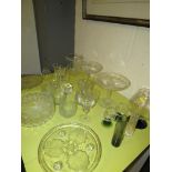 SELECTION OF GLASSWARE INCLUDING PAIR OF TAZZAS ETCHED WITH LEAVES, PAPERWEIGHT, JUG AND DRINKING