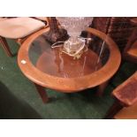 CIRCULAR MID WOOD COFFEE TABLE WITH GLASS TOP