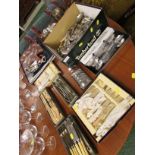 SELECTION OF BOXED STAINLESS KNIVES, LOOSE SILVER-PLATED CUTLERY, TABLE MATS AND OTHER METAL