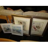 TWO FRAMED DECORATIVE PRINTS, AND TWO FRAMED PRINTS OF FISHING BOATS
