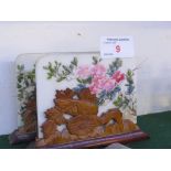 PAIR OF MINIATURE CHINESE STYLE TABLE SCREENS, THE STONE PANELS PAINTED WITH FLOWERS, THE WOODEN