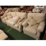 STRIPED BEIGE UPHOLSTERED TWO-SEATER SOFA, AND PAIR OF MATCHING ARMCHAIRS