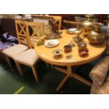 CIRCULAR BEECH VENEERED TABLE WITH FOUR CHAIRS WITH UPHOLSTERED SEATS