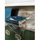 VINTAGE SILVER CROSS DOLLS PRAM IN BLUE FABRIC FINISH WITH BEDDING