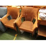 PAIR OF CANE AND WICKER FRAMED ARM CHAIRS