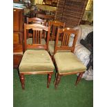 SET OF FOUR RED WALNUT DINNING CHAIRS WITH GREEN UPHOLSTERED SEATS