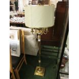 BRASS FOUR-BRANCH STANDARD LAMP WITH A CREAM CYLINDRICAL SHADE (NEEDS REWIRING)