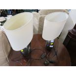 PAIR OF DUNELM CERAMIC HOOP TABLE LAMPS WITH ELONGATED CREAM SHADES