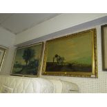 LARGE FRAMED PRINT ON BOARD OF COTTAGE AND RIVER, TOGETHER WITH FRAMED PRINT ON BOARD OF PLOUGH