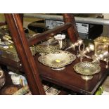 ONE SHELF OF SILVER-PLATED AND OTHER METAL WARE INCLUDING CUTLERY, SERVING TRAY AND MANTLE CLOCK