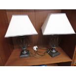 PAIR OF MODERN METAL BODIED TABLE LAMPS WITH CREAM SHADES