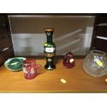 FIVE ITEMS OF GLASSWARE INCLUDING PAPERWEIGHT AND ASH TRAY