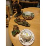 TWO BOSSONS PLASTER WALL PLAQUES OF ANIMALS, TWO CHINA COLLECTORS PLATES, AND DECORATIVE FIGURE ON