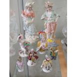 PAIR OF CONTINENTAL PORCELAIN FIGURES, TWO CHINA HALF DOLLS AND OTHER FIGURINES