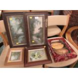 FOUR FRAMED PICTURES TOGETHER WITH A BOXED BOOK OF LOVE DISPLAY PLAQUE