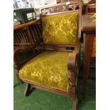 MAHOGANY FRAMED AMERICAN STYLE ROCKING CHAIR WITH GREEN FOLIATE UPHOLSTERED SEAT AND BACK