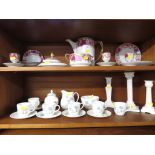 WEDGWOOD ICE ROSE COFFEE WARE, CHINA CANDLE STICKS, AND OTHER TEA AND DECORATIVE WARE (TWO SHELVES)