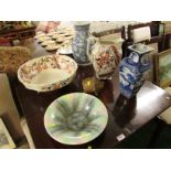 VICTORIAN CHINA WASH JUG AND BOWL, SYLVAC DISH, POTTERY MONEY BOX, AND TWO FAR EASTERN VASES