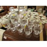 TWO DARTINGTON CRYSTAL DECANTERS WITH PRESENTATION ENGRAVINGS, AND EIGHT DRINKING GLASSES