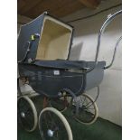 VINTAGE TRI-ANG DOLLS PRAM IN A GREY FINISH WITH BEDDING