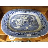 LARGE BLUE AND WHITE WILLOW PATTERN MEAT DISH