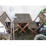 SMALL SQUARE WOODEN FOLDING GARDEN TABLE AND A PAIR OF MATCHING CHAIRS