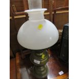 BRASS OIL LAMP WITH WHITE GLASS SHADE