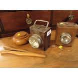 A R BAINES VINTAGE BICYCLE LAMP, EVEREADY VINTAGE LAMP, TURNED WOODEN BOWL AND A PAIR OF GLOVE