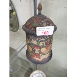HAND-PAINTED LIDDED WOODEN POT IN ARABIAN STYLE PAINTED WITH FIGURES, HEIGHT 16.5 CM