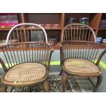 PAIR OF SMALL ELM FRAME COMB BACK WINDSOR CHAIRS WITH CANED SEATS AND FRONT CABRIOLE LEGS (HEIGHT OF