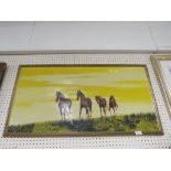 FRAMED OIL ON BOARD OF HORSES SIGNED LOWER RIGHT