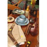 CARVED WOODEN TOURISTWARE, J TURNER STONEWARE GINGER BEER BOTTLE, TABLE LINEN AND OTHER ITEMS
