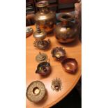 SELECTION OF INDIAN AND MIDDLE EASTERN STYLE COPPER AND BRASS WARE INCLUDING CANDLE HOLDERS, BOWLS