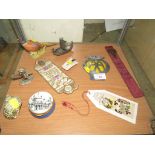 SELECTION OF VINTAGE AND DECORATIVE ITEMS INCLUDING STAFFORDSHIRE PILL POT, BOOKMARKS, STICK PIN AND