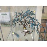 DECORATIVE ORNAMENTAL TREE WITH BLUE GLASS LEAVES AND GLASS BEAD FRUIT