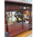 PAIR OF WOOD EFFECT FOUR-DRAWER CHESTS, TOGETHER WITH MAHOGANY VENEERED SIDE TABLE