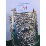 WHITE METAL CYLINDRICAL BOX WITH LID, DECORATED WITH ANIMALS AND FOLIAGE, THE BASE ALSO
