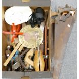 A mixed collection of items to include: vintage wood working hand tools, binoculars, scales,