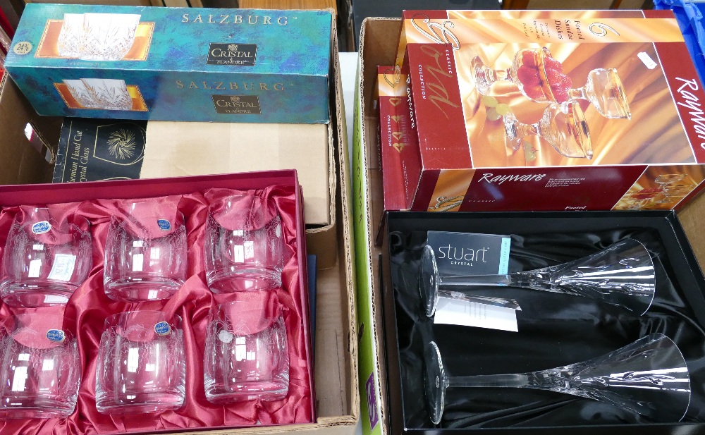 A large collection of boxed glass ware to include: Stuart, Bohemia,