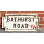 1920s cast iron Street Sign: Vintage cast iron street sign ''Bathurst Road 19'', 31 x 68cm.