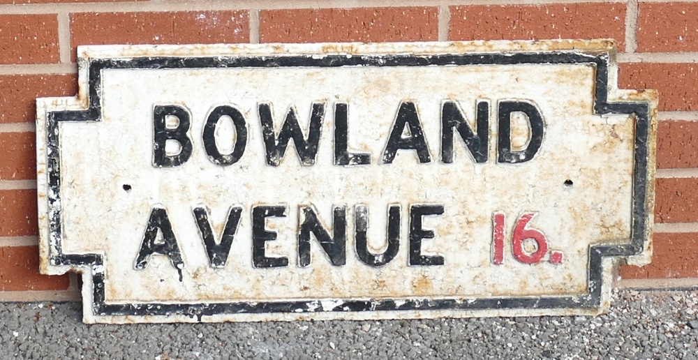 1920s cast iron Street Sign: Vintage cast iron street sign Bowland Avenue 16'', 35 x 75cm.