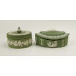 Two Wedgwood green jasperware boxes & covers (2).